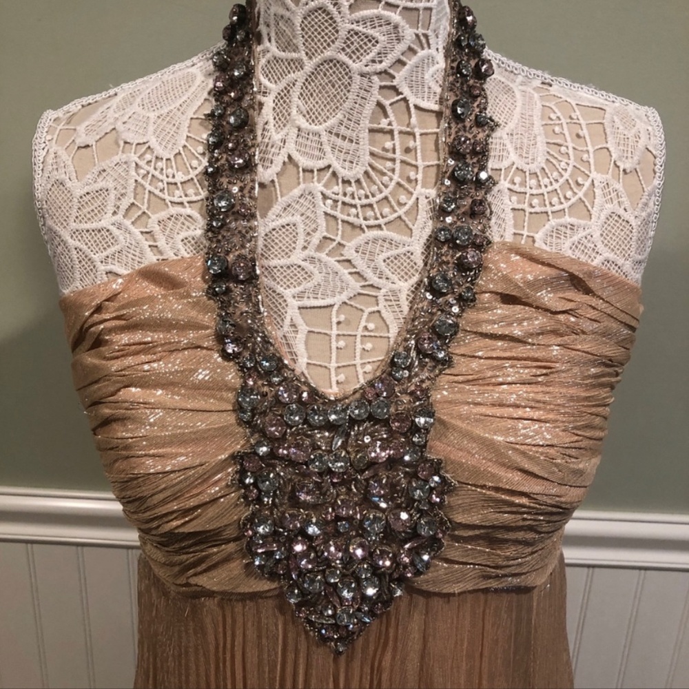 Jovani Silk Halter Evening Gown, Peach with Silver